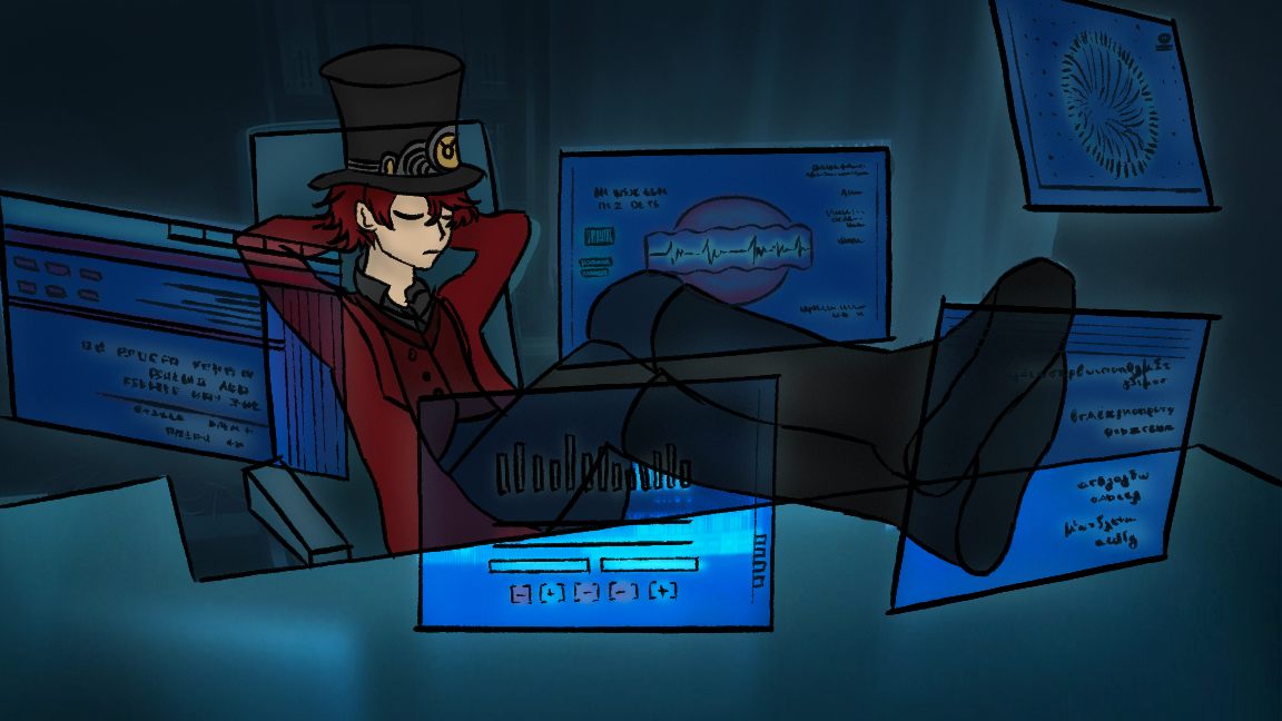 Story panel: the guardian of the timelines sits back at a wall of monitors, feet up, watching every alternative world at once