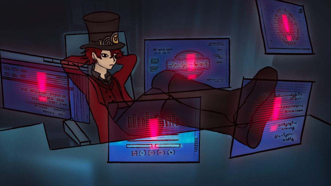 Story panel: the same room, now washed in red as one of the timelines goes wrong