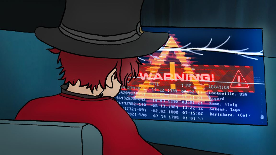Story panel: close on the guardian as a red WARNING and a list of locations fills the screen