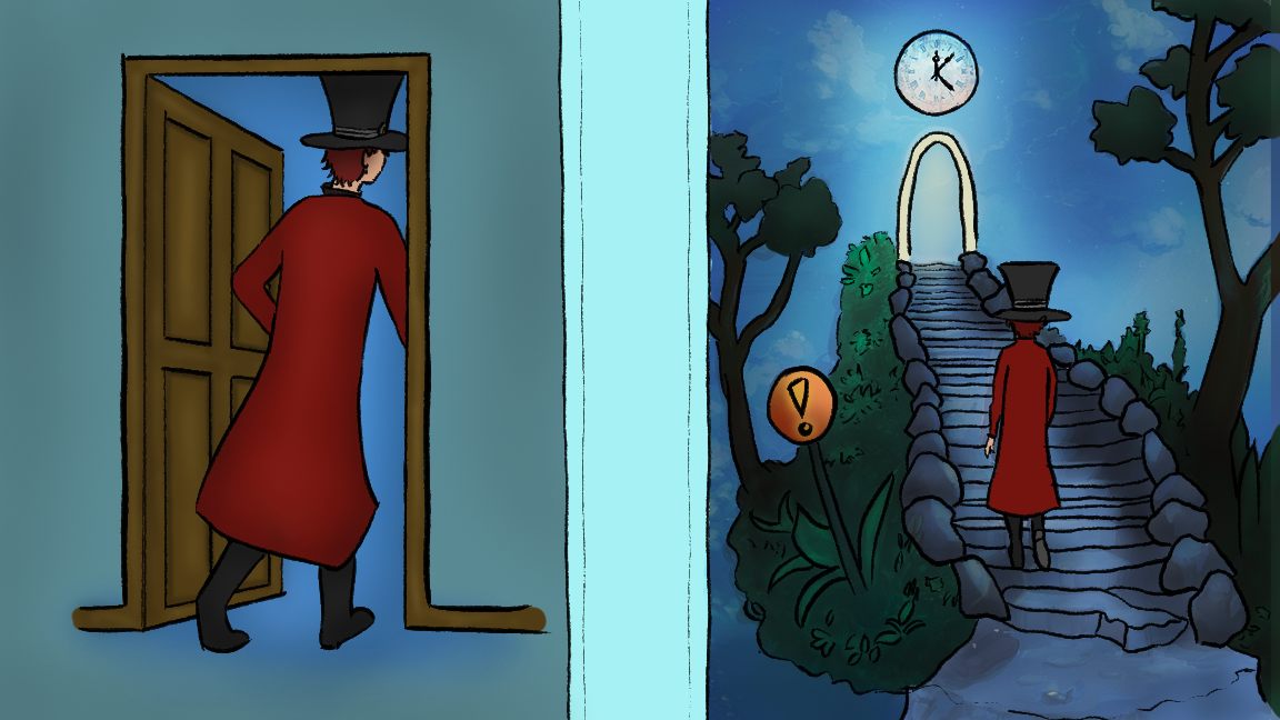 Story panel: he leaves the office through a doorway onto moonlit stone stairs beneath a clock arch