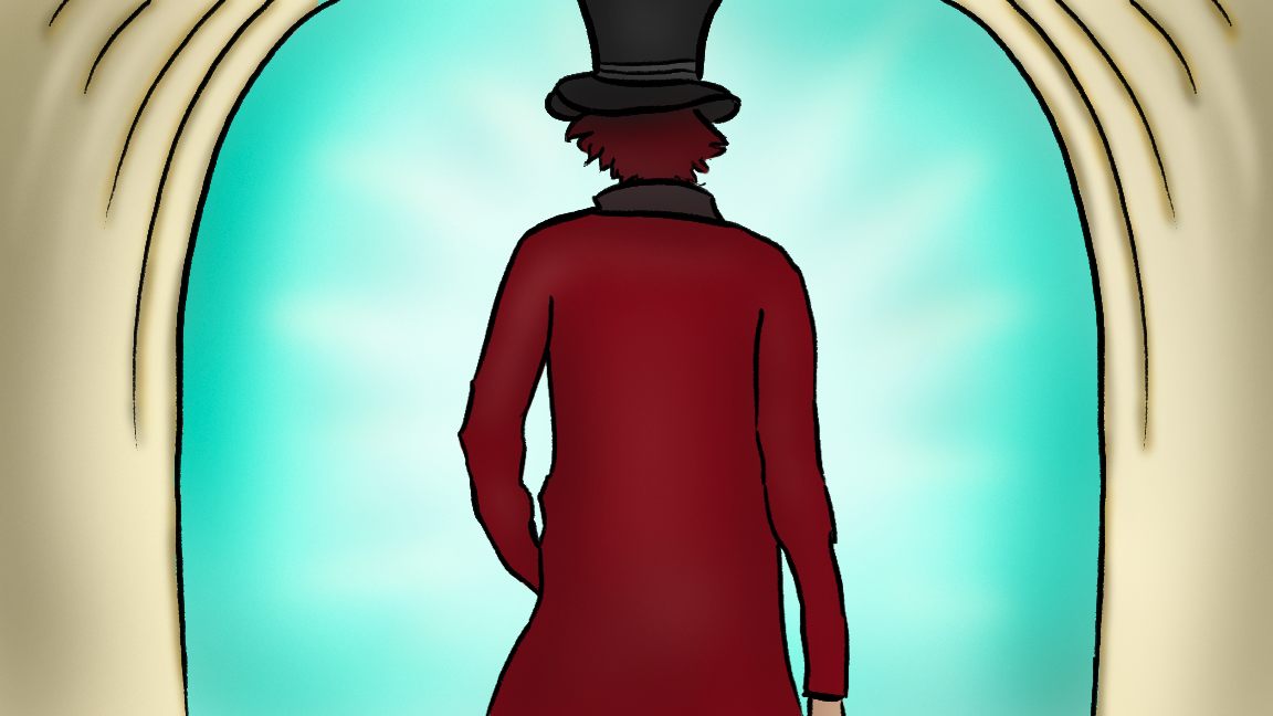 Story panel: the guardian silhouetted against a bright doorway, seen from behind, about to step through