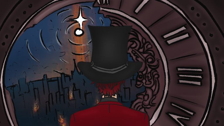 Story panel: the guardian before the great clock that keeps time for every world, its face holding a burning city