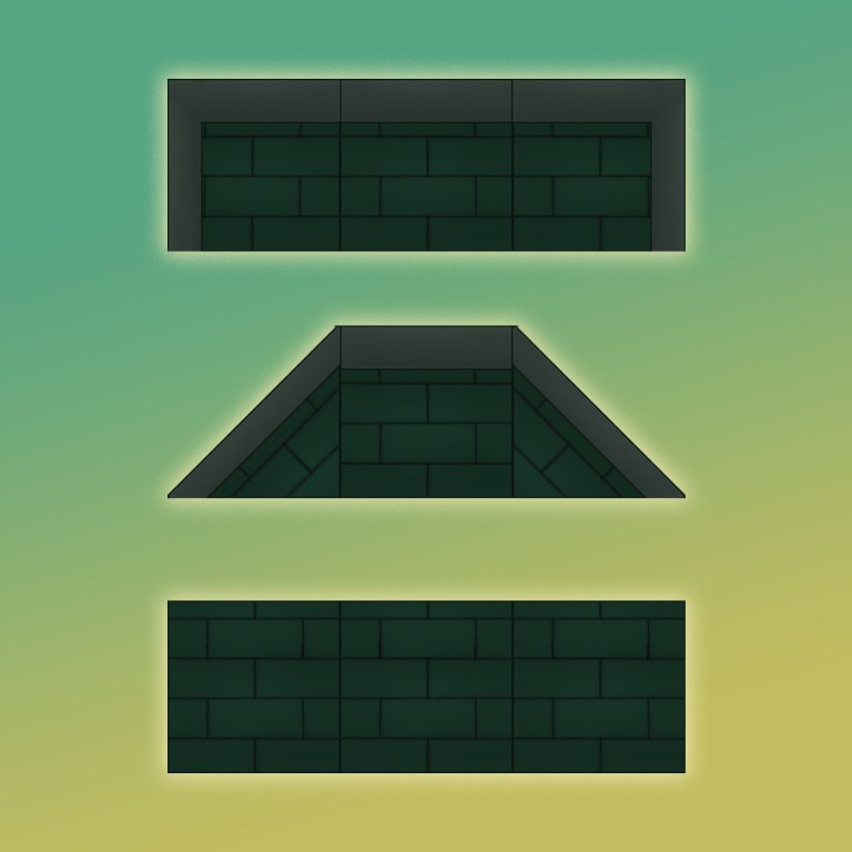 The forest tileset assembled into its three shapes: a flat-topped block, a sloped block and a plain fill run