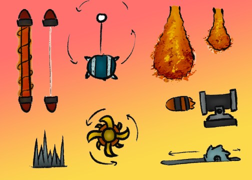 Obstacle and prop exploration: spiked rollers, a swinging mace, flame plumes, a saw blade, a cannon, spikes and a snare