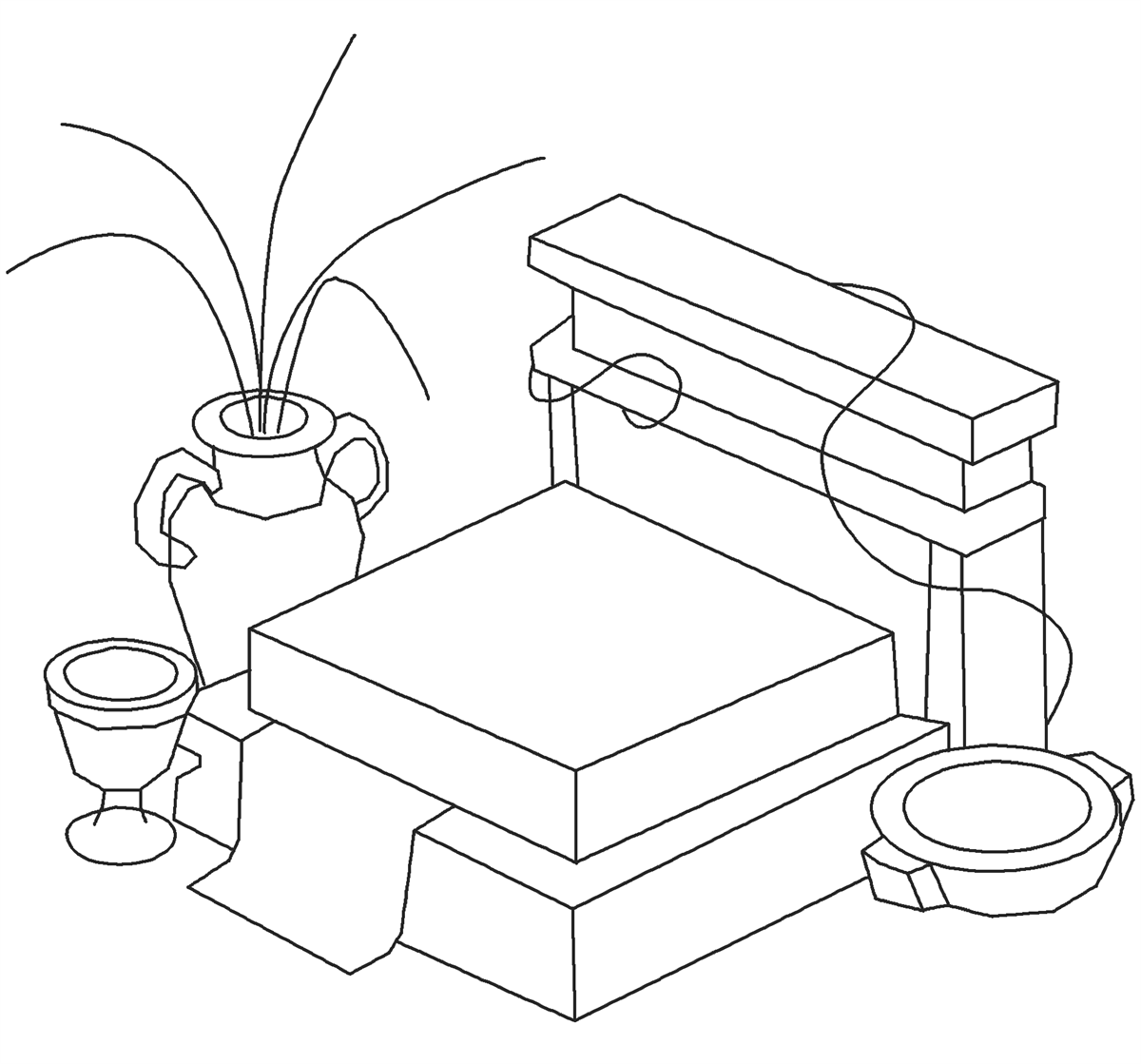 Construction drawing: the same scene blocked out as plain isometric solids, with no detail or shading, establishing the volumes and the camera angle