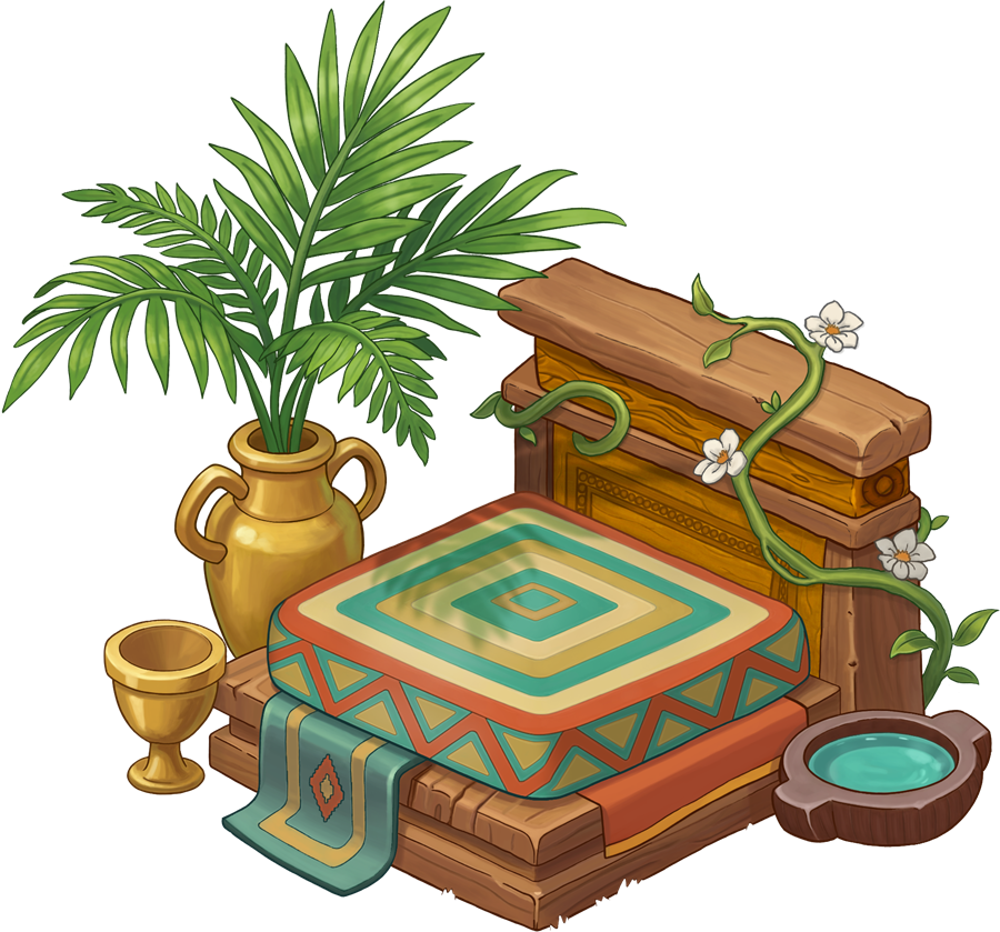 The finished isometric cat bed: a stacked timber platform with a patterned teal, gold and orange cushion, a woven runner hanging off the front, a carved wooden headboard with a flowering vine, a palm in a gold urn, a gold goblet and a carved water bowl