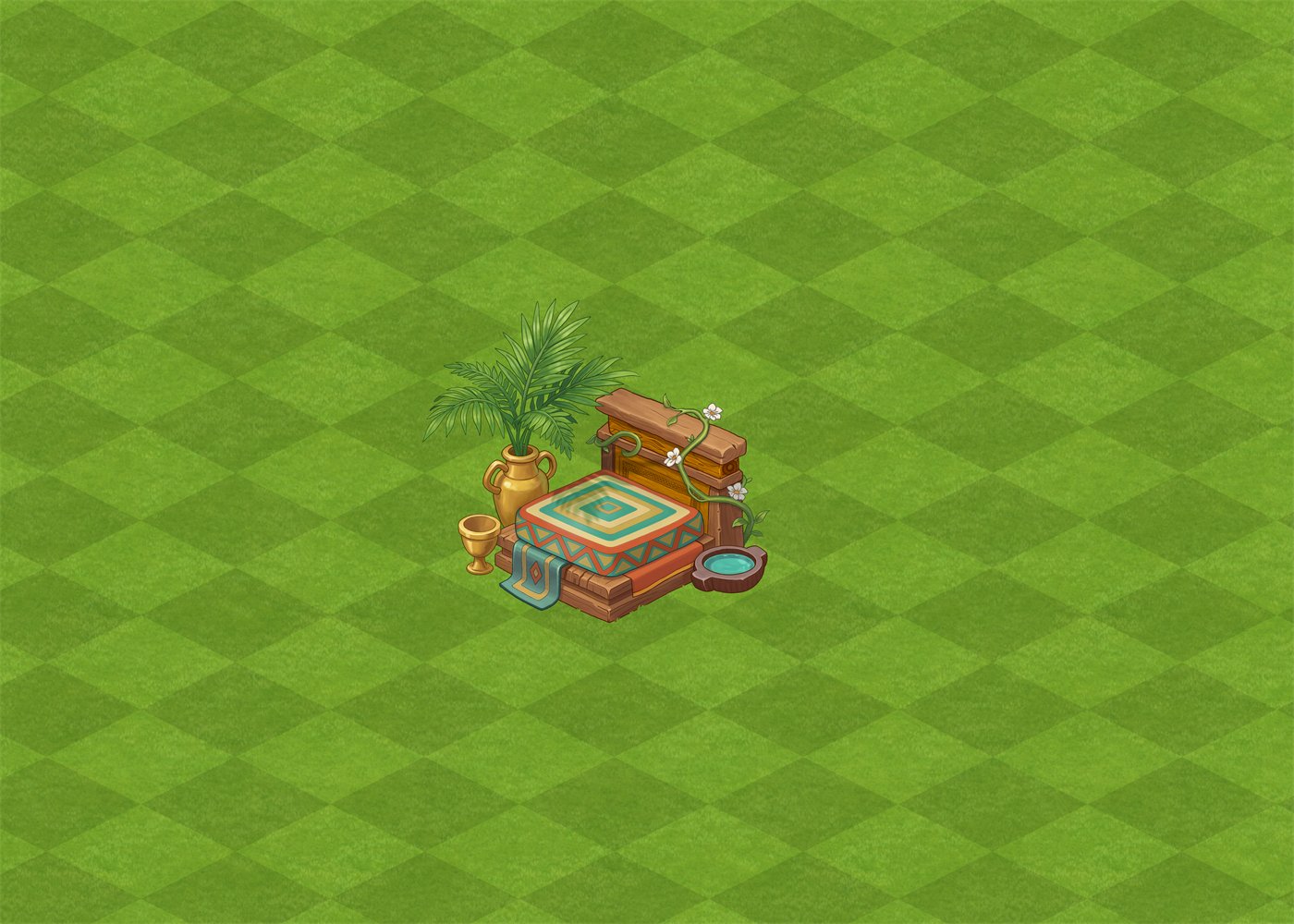 The same cat bed placed on the game's checkered grass tiles at its real in-game size, where it occupies only a small part of the field