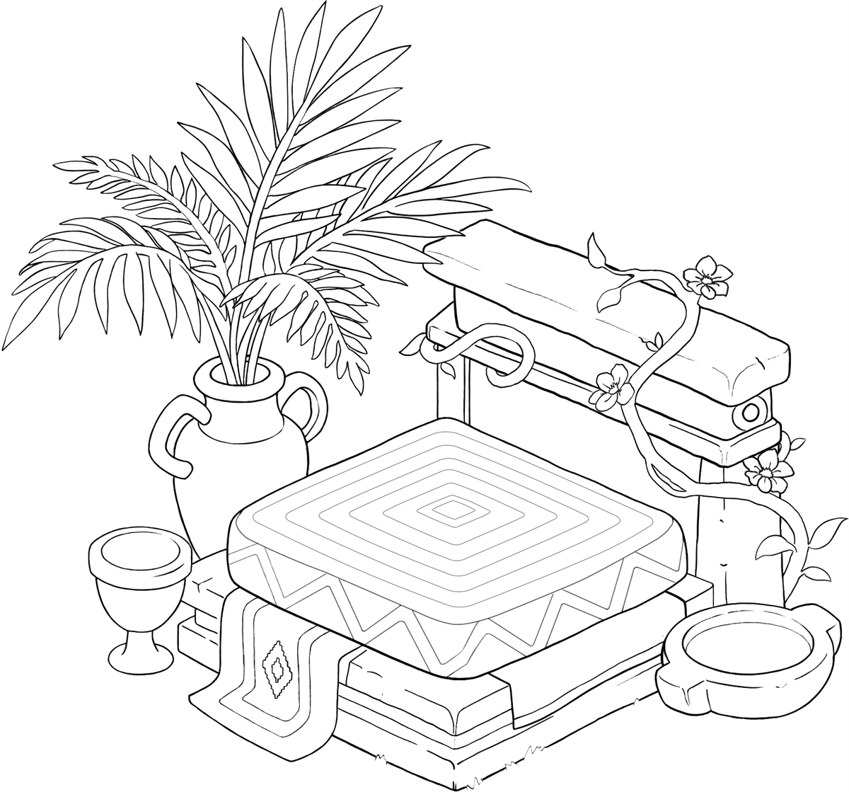Line art: the finished linework over the construction, adding the carved headboard panel, the cushion pattern, the woven runner, the palm fronds and the flowering vine