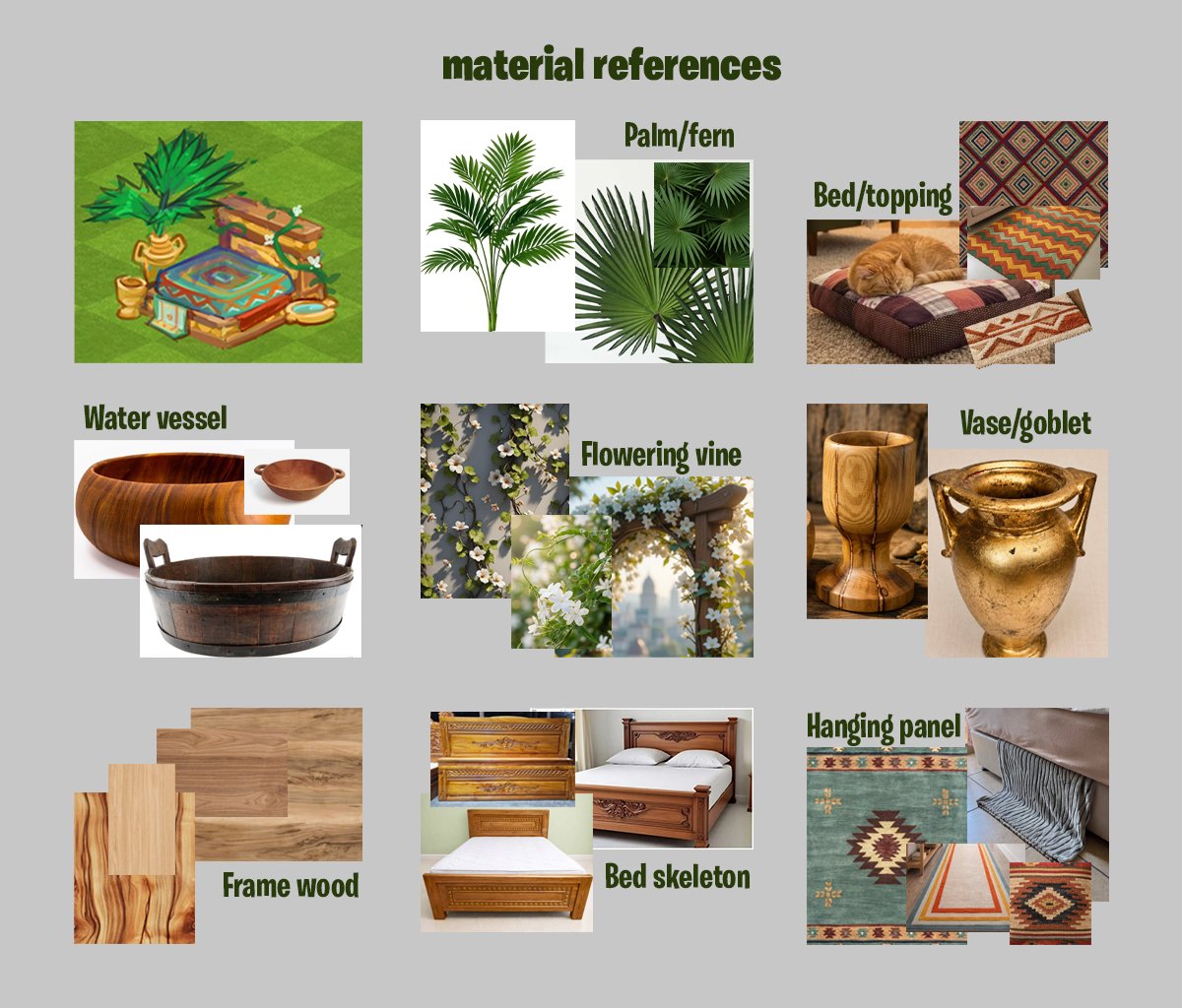 Material reference sheet, grouped by part: palm and fern, bed topping, water vessel, flowering vine, vase and goblet, frame wood, bed skeleton and hanging panel, with the finished asset shown in the corner on a farm-game tile ground