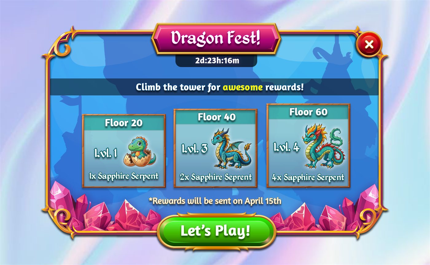 Dragon Fest event pop-up: a gold-framed panel with a countdown, a tower-climb goal and three floor reward tiers, each showing a dragon at a different growth stage