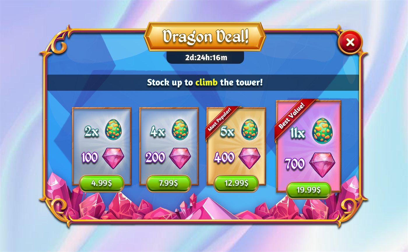 Dragon Deal offer screen: four purchase tiers of dragon eggs and gems, priced 4.99 to 19.99, with Most Popular and Best Value ribbons