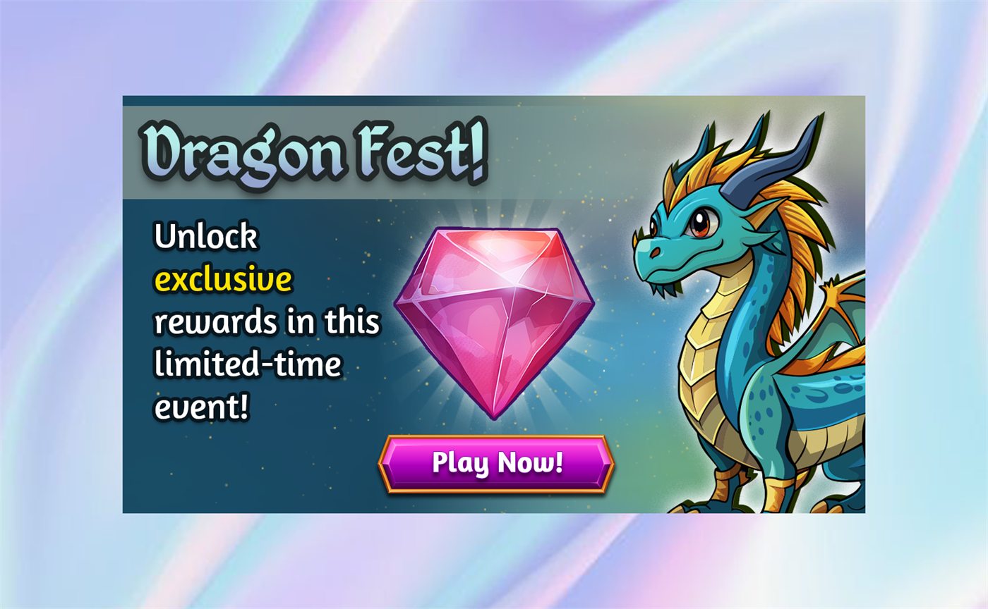 Rich push notification: a wide banner with the Dragon Fest logo, a large gem, a Play Now button and the event dragon at the right