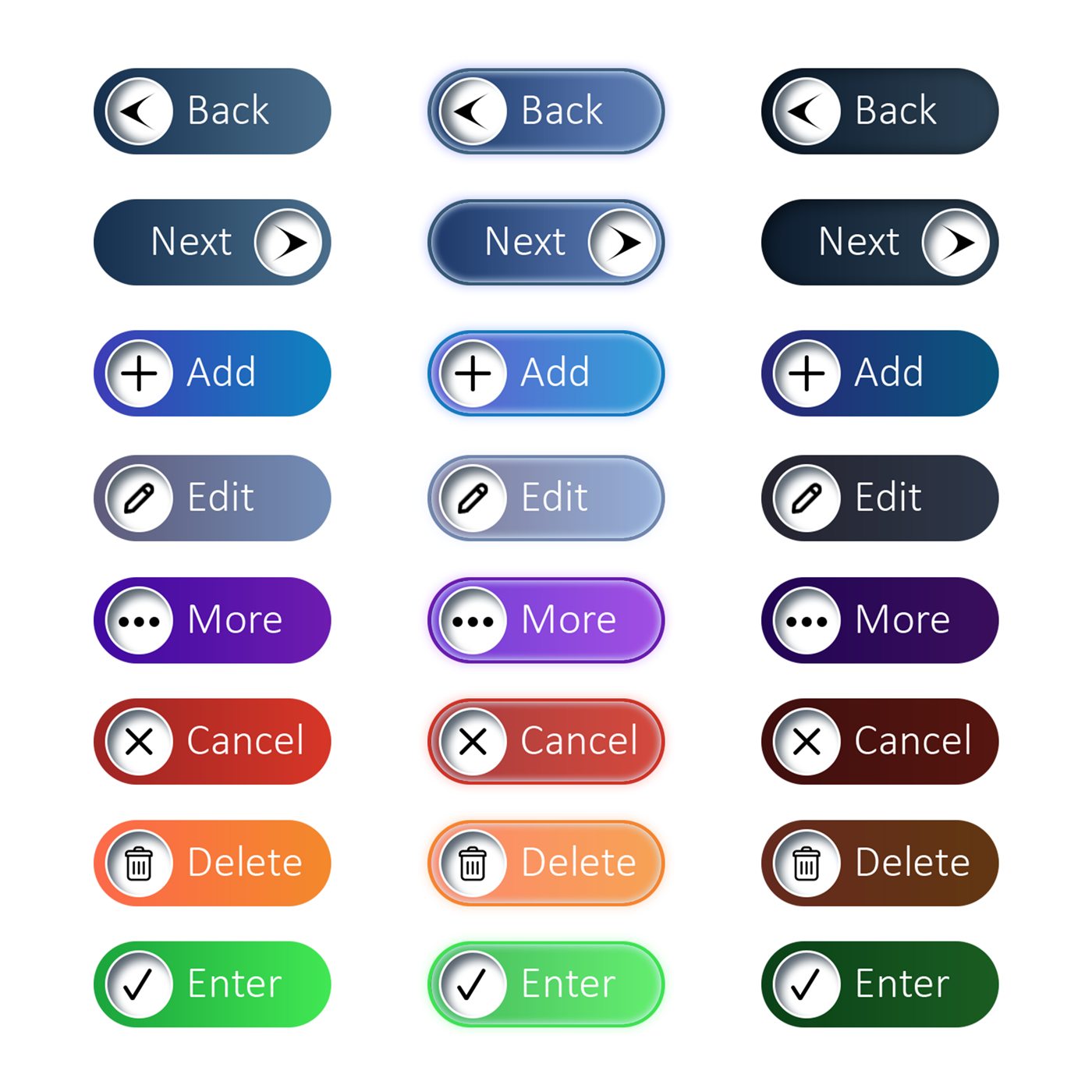 Button variant sheet: eight pill-shaped actions — Back, Next, Add, Edit, More, Cancel, Delete and Enter — each with a circular icon and drawn in three columns for default, hover and pressed states