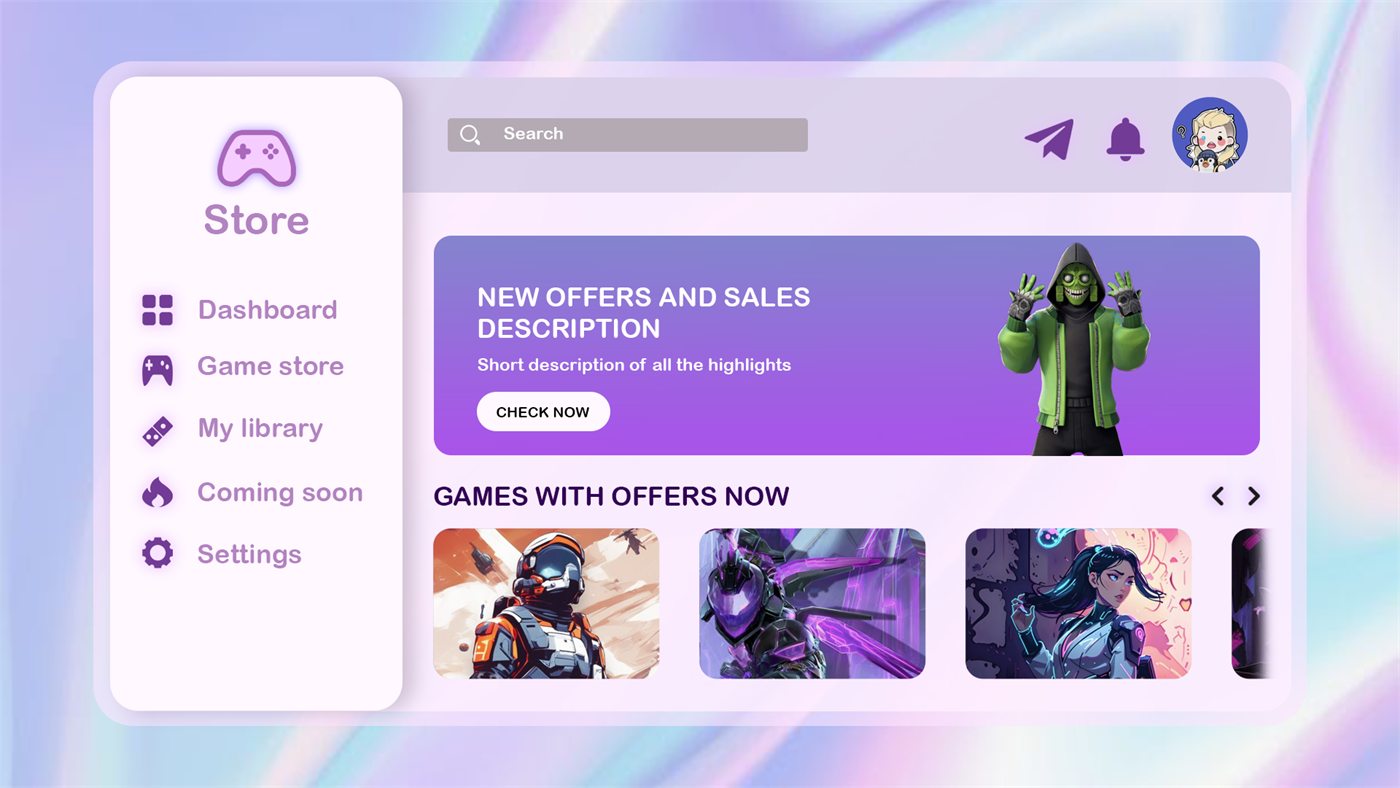 Game store landing page in a light lavender theme: left navigation, search bar, a featured offers banner with a character illustration, and a row of game cards