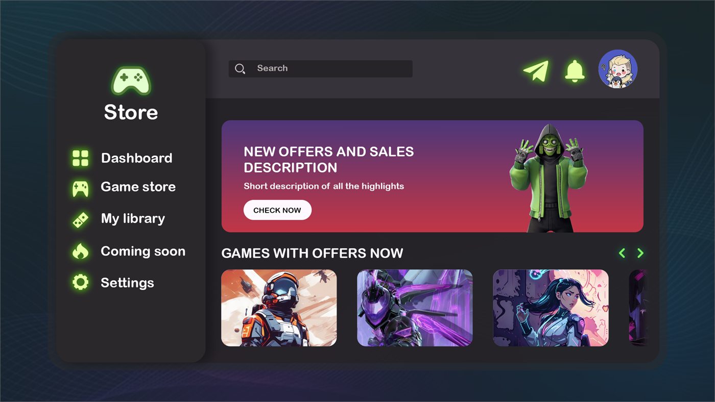 The same game store landing page rebuilt as a dark theme, with green accent icons and a deep charcoal panel