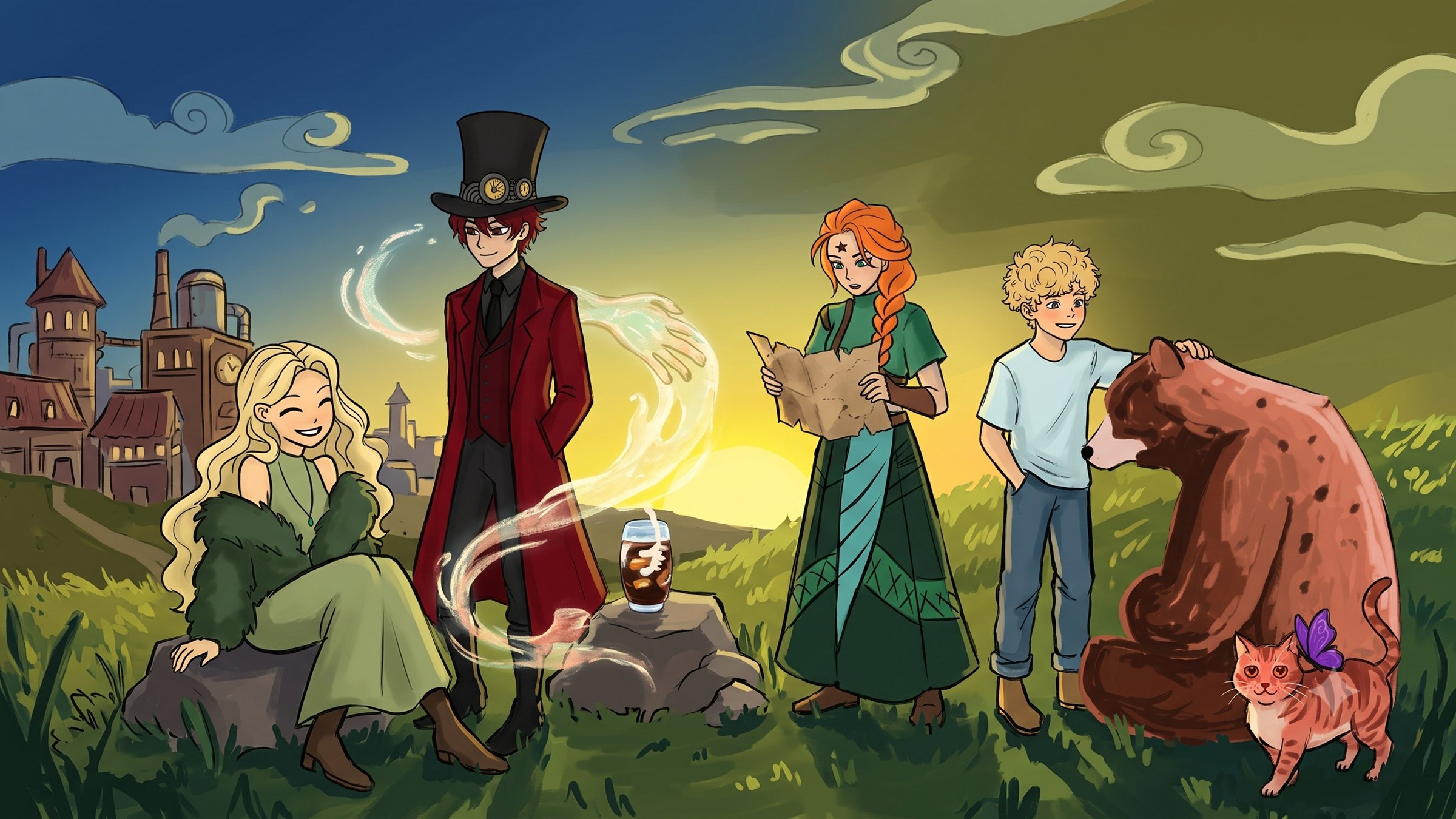 Five original characters gathered on a hilltop at sunset — a blonde woman in a green fur-trimmed coat, a red-haired figure in a top hat and crimson coat trailing magic, a woman in green reading a map, a boy resting a hand on a bear, and a tabby cat with a butterfly — with a steampunk town on the ridge behind them