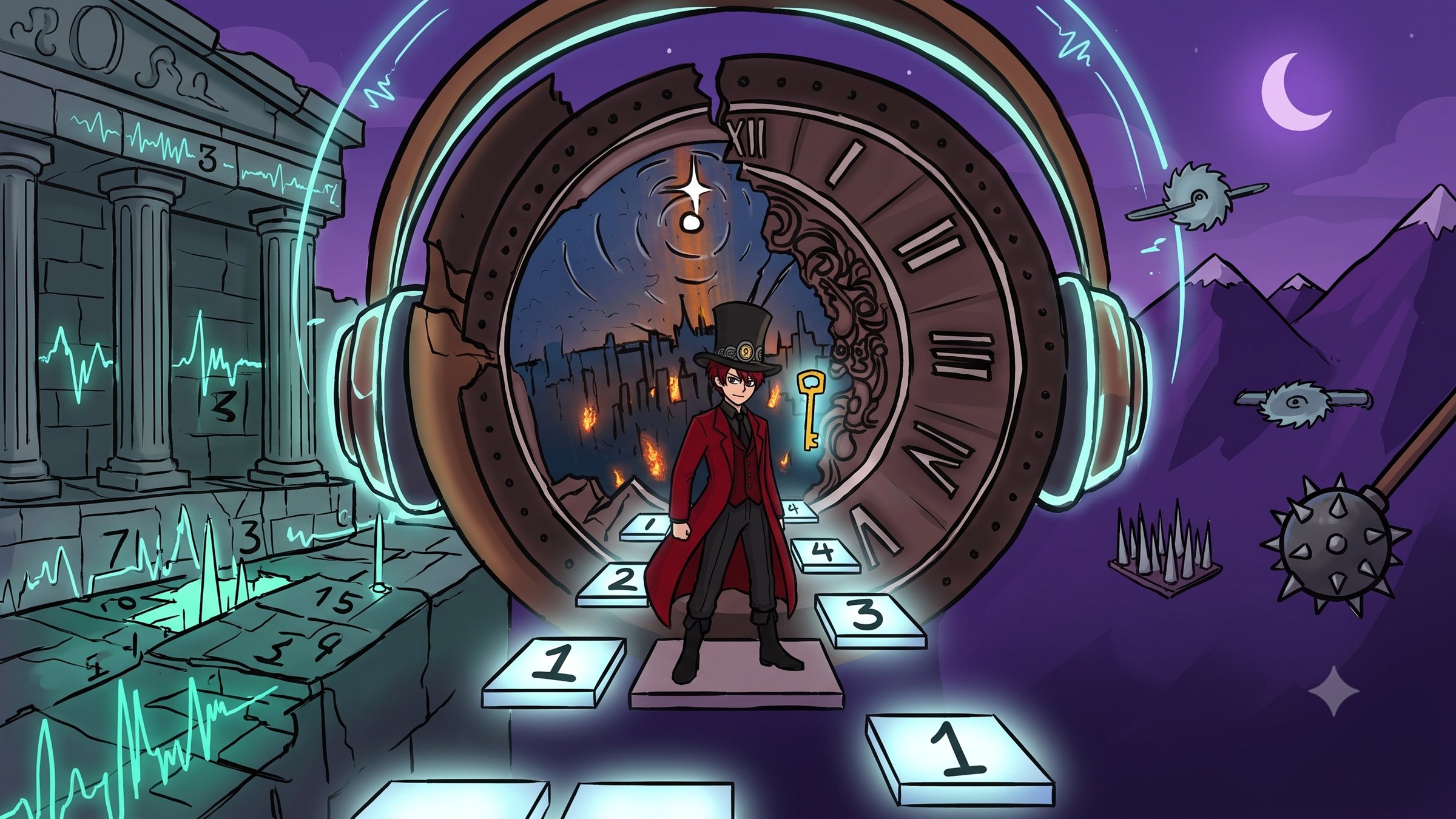 A red-coated character in a top hat standing on glowing numbered platforms in front of a giant cracked clock face wearing headphones, with a ruined temple and waveform glyphs to one side and a purple mountain night to the other