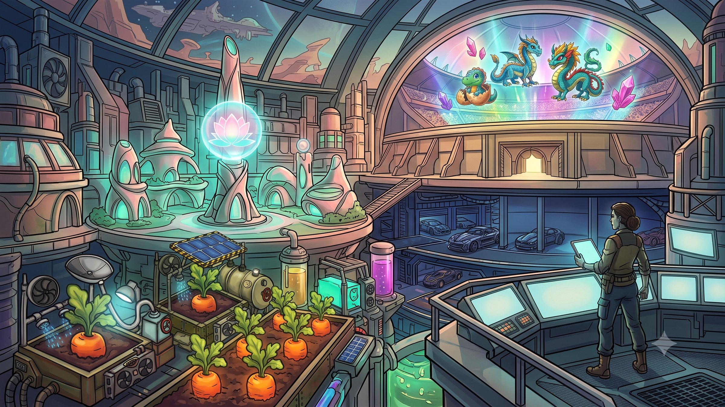 A domed sci-fi hub gathering an element from each individual project — hydroponic carrot planters under grow lamps, a dragon event screen, a car showroom, a lotus hologram, and a survivor at a bank of consoles