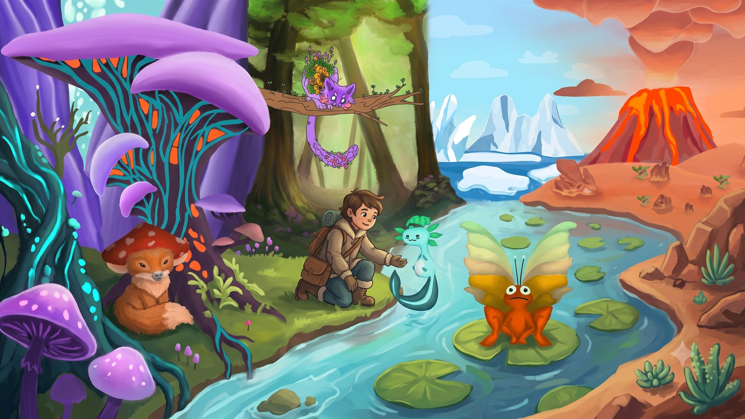 A creature world spanning four biomes — a bioluminescent purple mushroom forest with a fox sheltering under a toadstool, a green river valley where a traveller reaches out to a pale axolotl-like creature, an icy bay, and a red volcanic desert