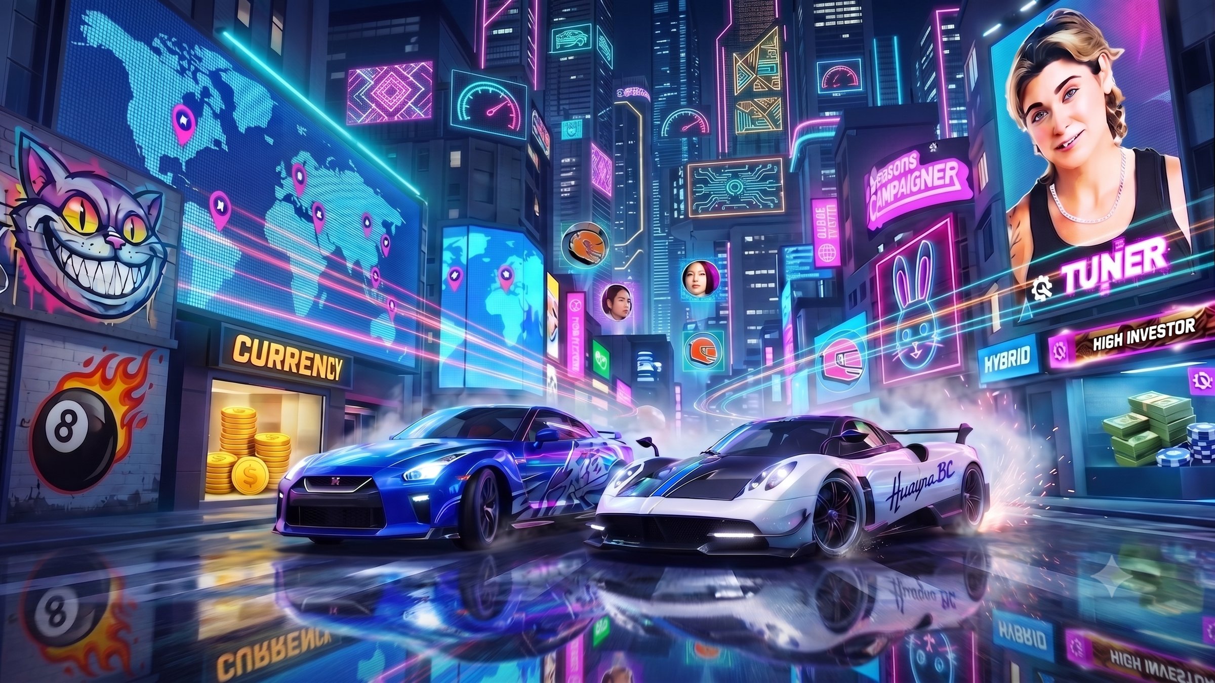 Two racing cars drifting through a neon-lit city street lined with billboards, currency shopfronts and player avatars