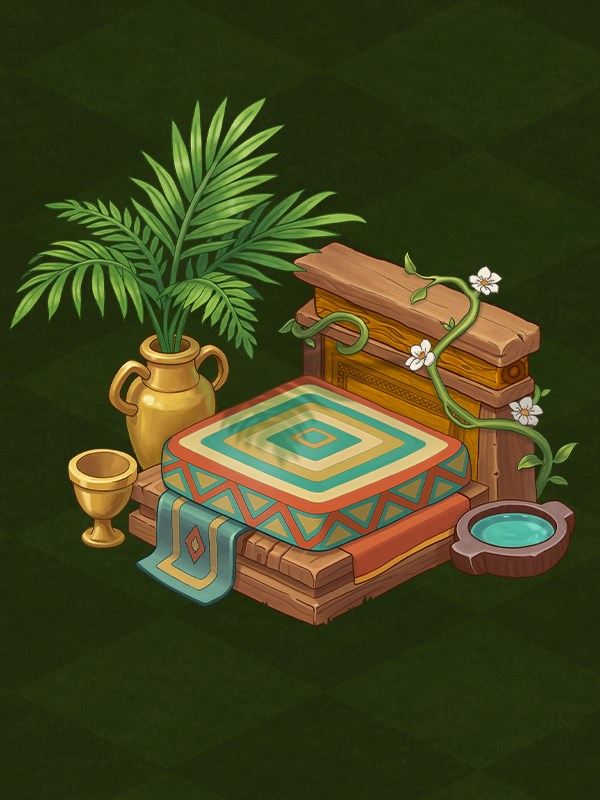 Isometric cat bed asset on a green farm-game tile ground: a timber platform with a patterned cushion, a palm in a gold urn and a carved water bowl