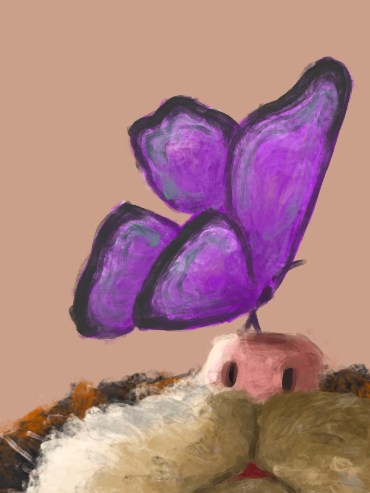 Painted study: a purple butterfly resting on a cat&rsquo;s nose