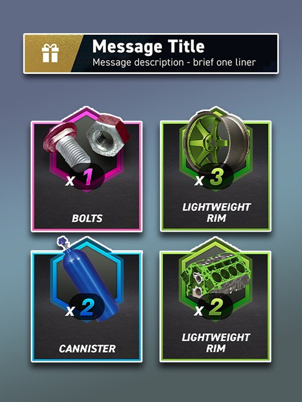 Reward item cards from the racing game&rsquo;s messaging flow