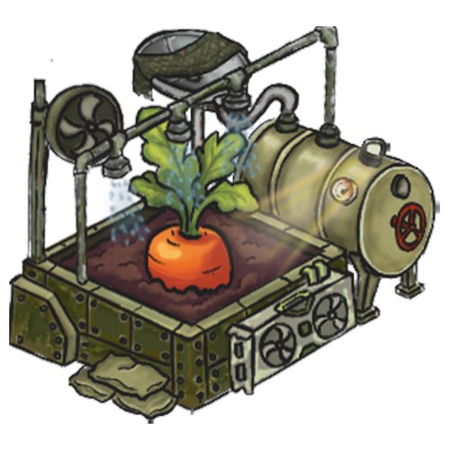 Rendered heavy irrigation rig: the station in olive drab with riveted plating and a pressure tank