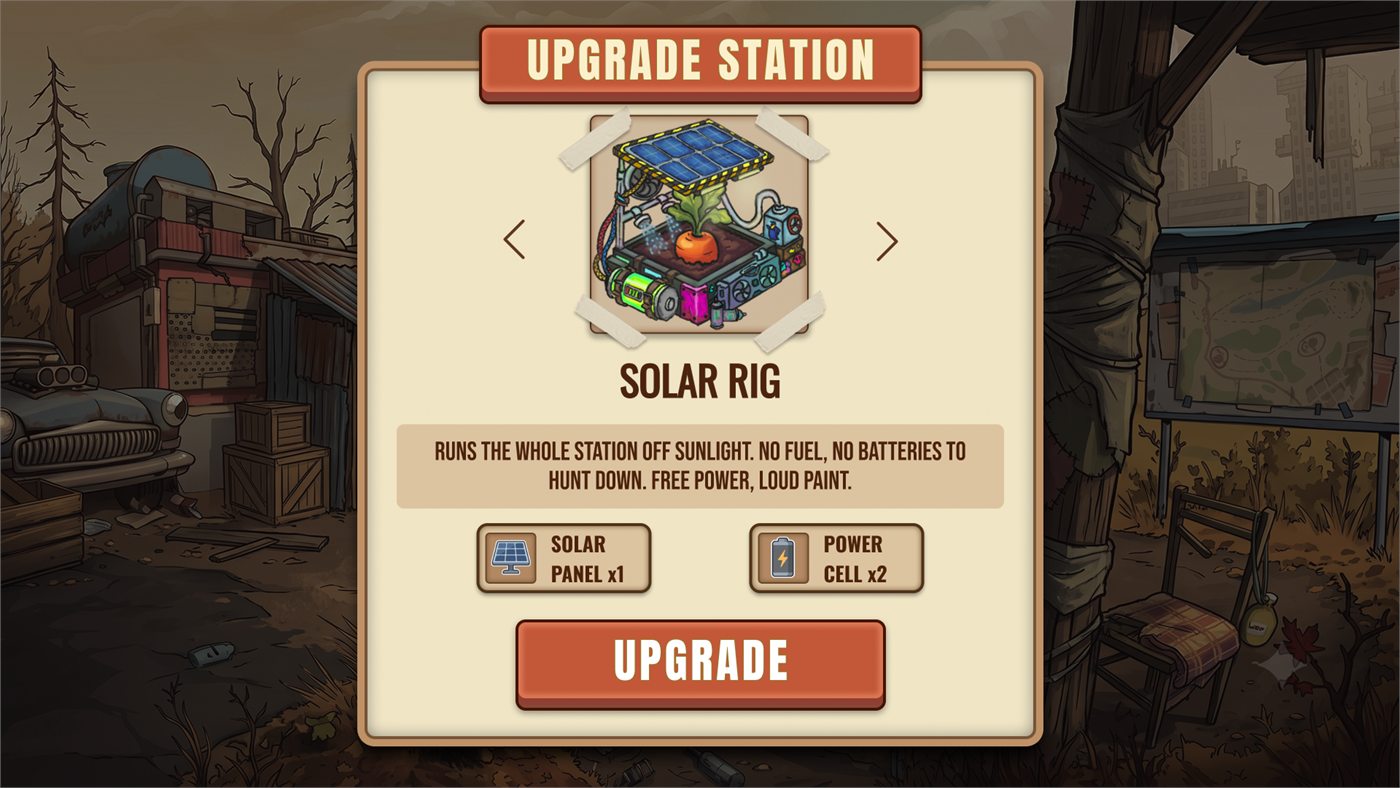 Upgrade Station screen: a cream panel over a painted post-apocalyptic yard, showing the Solar Rig upgrade with its description, two resource costs and an upgrade button