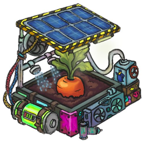 Rendered solar conversion: the station under a solar panel, tagged in neon pink and green with spray cans at its base