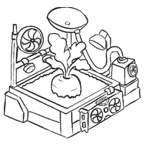 Sketch of the base station: grow bed with a carrot, dish, sprinkler arm, fan and control unit