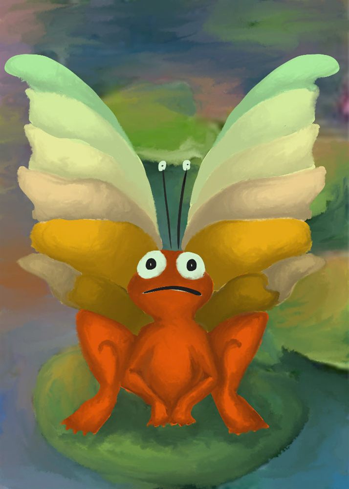 The same butterfly-frog creature, fully painted over a lily-pad background