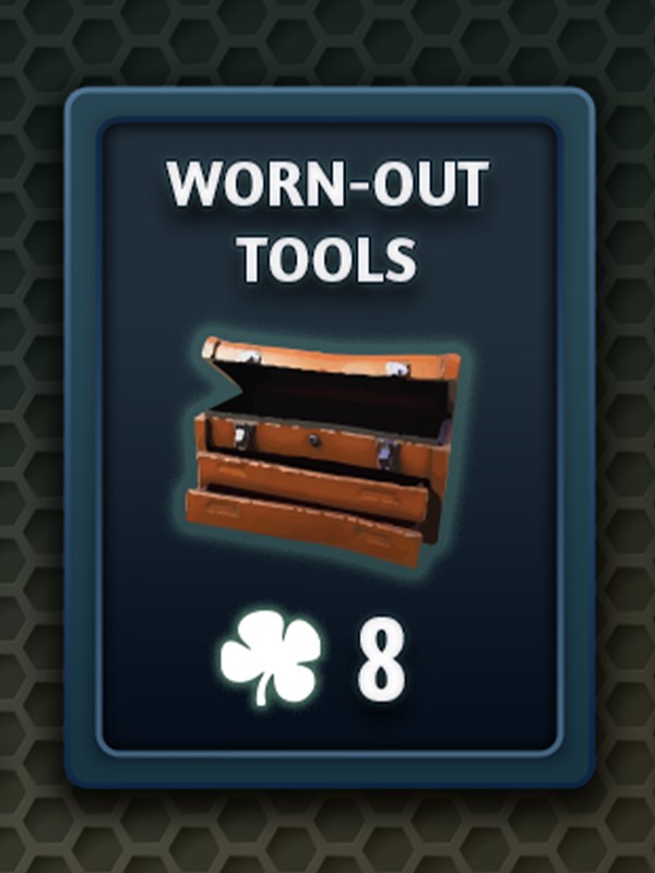 Worn-out tools item card from the post-apocalyptic interface, on a dark hex-pattern panel