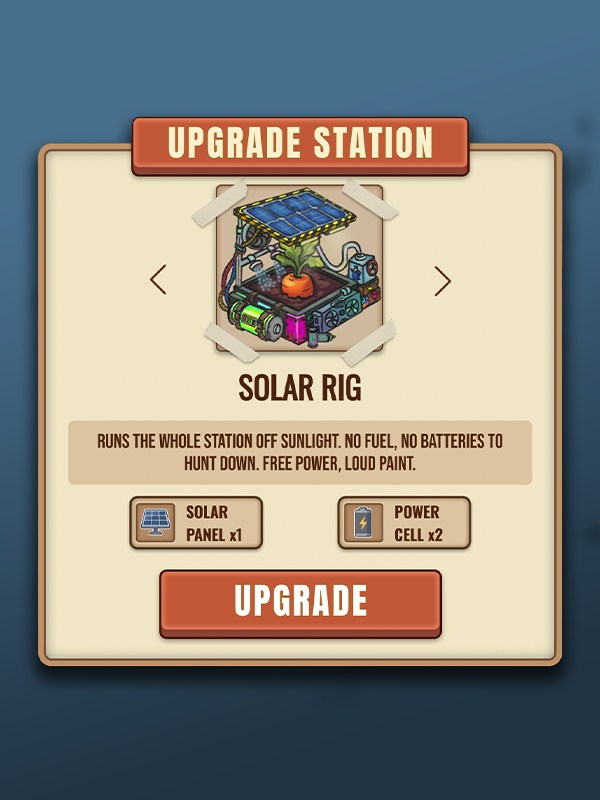 Upgrade Station panel: the solar rig upgrade with its cost and an upgrade button