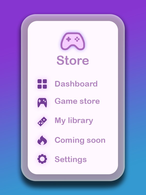 Game store navigation menu: dashboard, game store, my library, coming soon and settings