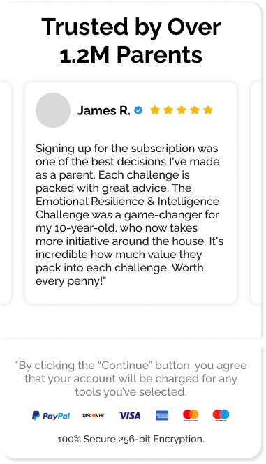 Bottom section: a Trusted by Over 1.2M Parents testimonial above the card logos and secure-payment line