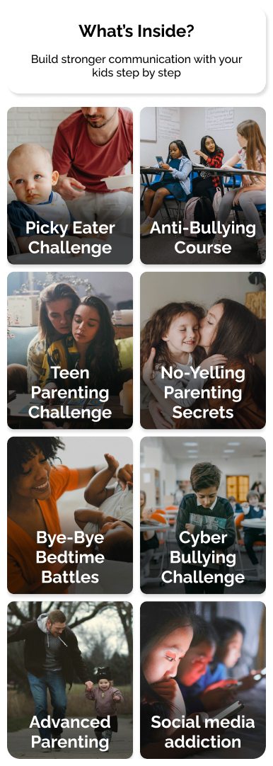 Middle section: a course grid headed What's Inside, with eight photo tiles covering topics from picky eating to social media use