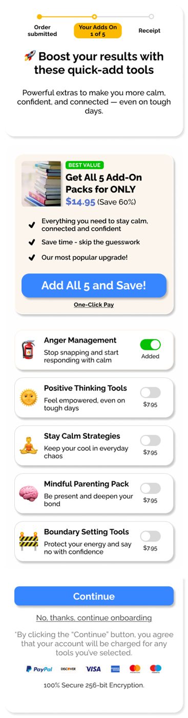 A second screen in the same flow, headed Boost your results with these quick-add tools, offering an all-five bundle above five individually priced add-on packs with toggles
