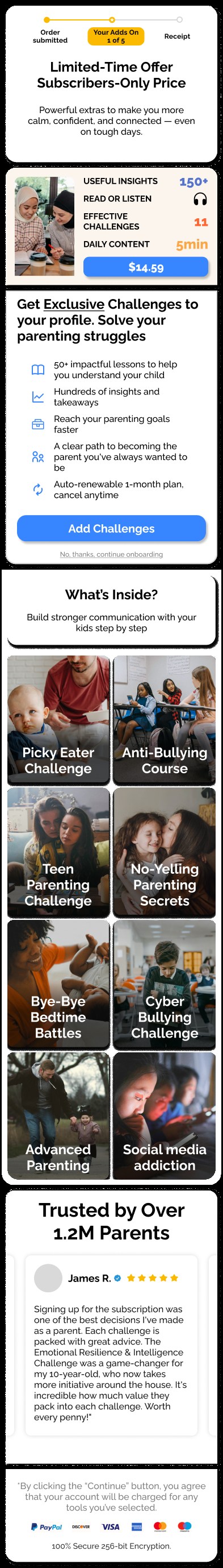 The assembled Option 2 page: limited-time offer header, an exclusive challenges block, the What's Inside course grid and a Trusted by Over 1.2M Parents testimonial, ending in a secure-payment footer