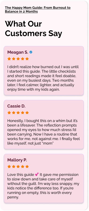 Reviews section headed What Our Customers Say, with three five-star testimonials on pink cards