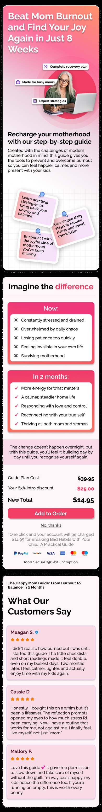 The full Option 1 landing page in one piece: the Beat Mom Burnout hero, the Imagine the difference comparison, pricing, and the customer reviews