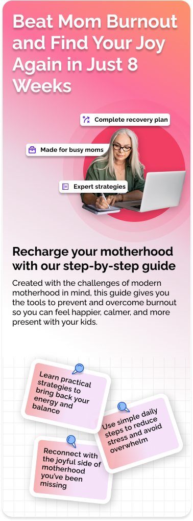 Landing screen: a pink gradient hero reading Beat Mom Burnout and Find Your Joy Again in Just 8 Weeks, over a step-by-step guide pitch with three tilted benefit notes