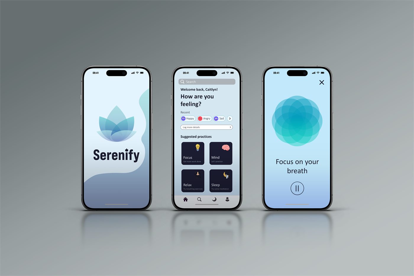 Draft screens for a calm and breathing concept: a lotus splash screen, a mood check-in with suggested practices, and a breathing exercise