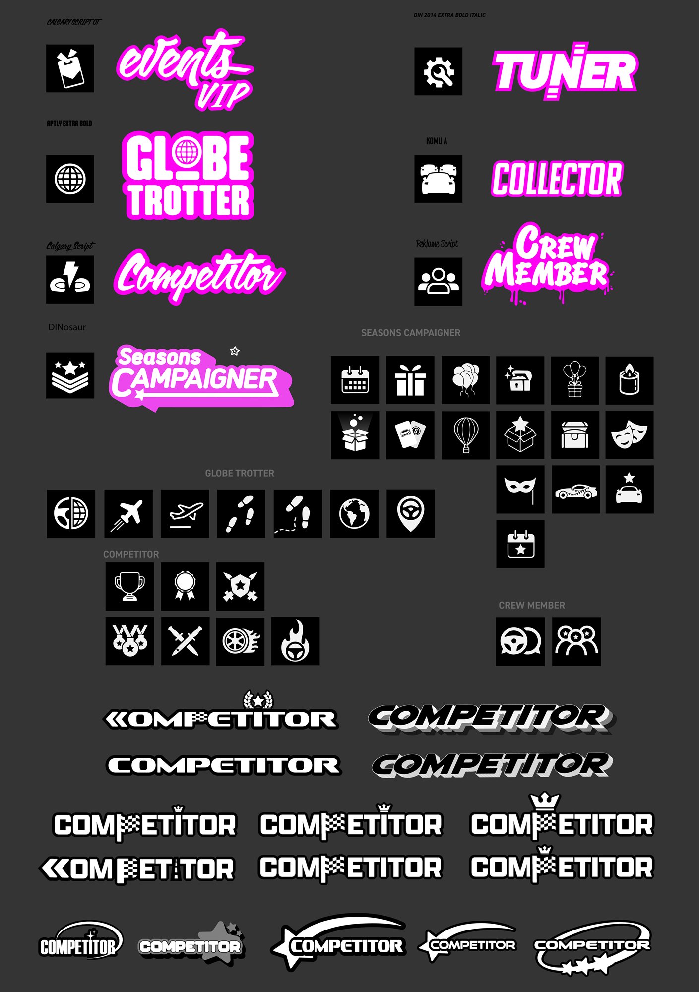 Logo exploration sheet: seven player-title wordmarks — Events VIP, Tuner, Globe Trotter, Collector, Competitor, Crew Member and Seasons Campaigner — each labelled with the typeface it was set in and paired with its own set of monochrome icons, above a block of Competitor wordmark variants in racing, chequered-flag and outline treatments