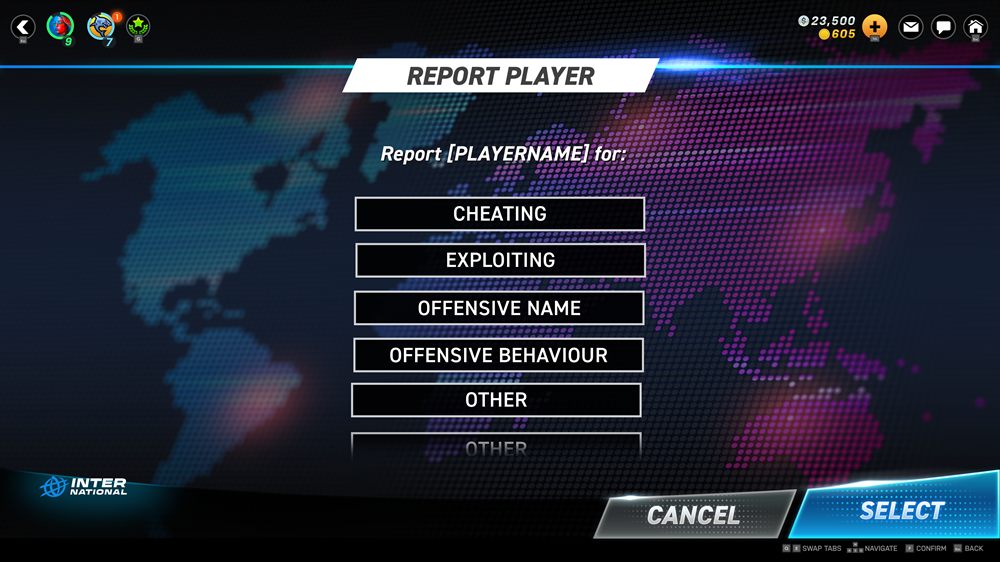 Report Player screen: a list of reasons to choose from — cheating, exploiting, offensive name, offensive behaviour, other