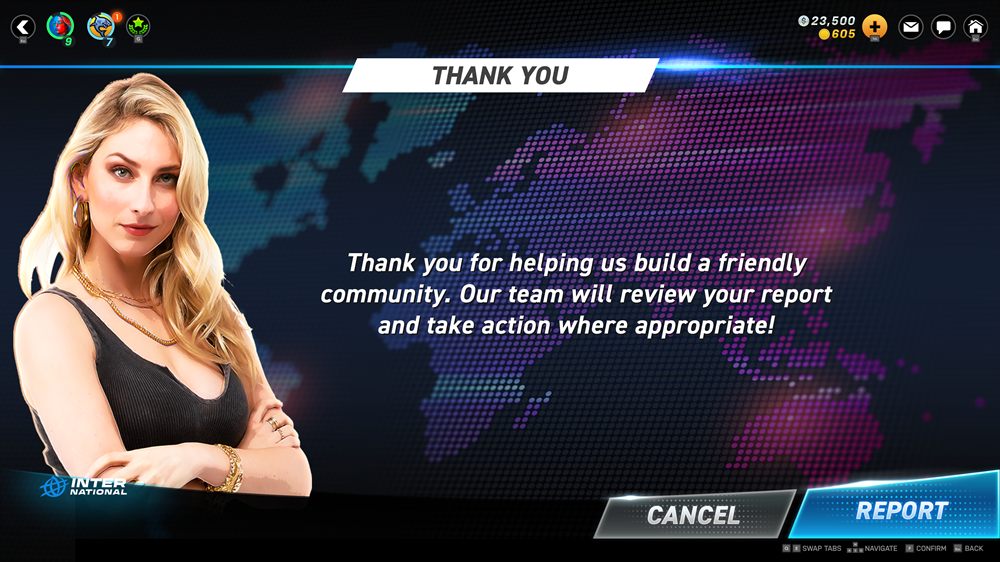 Thank You confirmation screen shown after a report is submitted, with a character portrait alongside the message