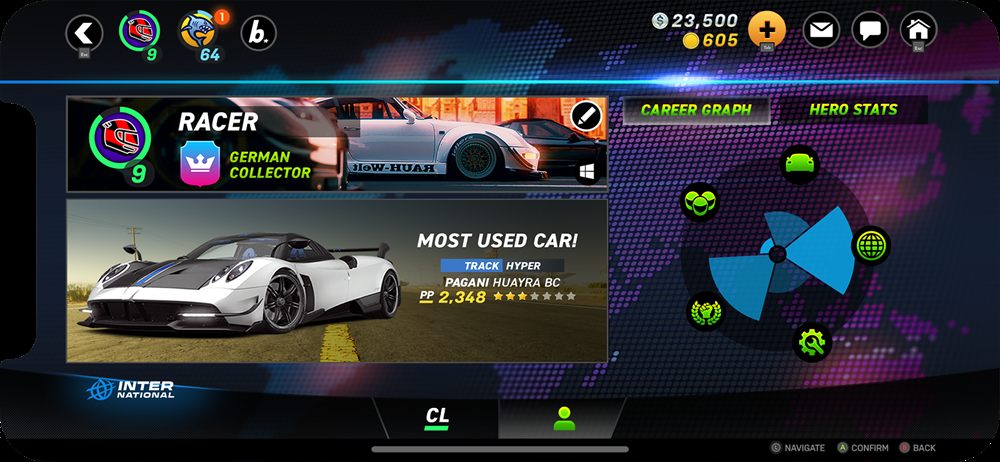 Detailed player profile on mobile: racer card with rank and collector title, most-used car panel and a career graph