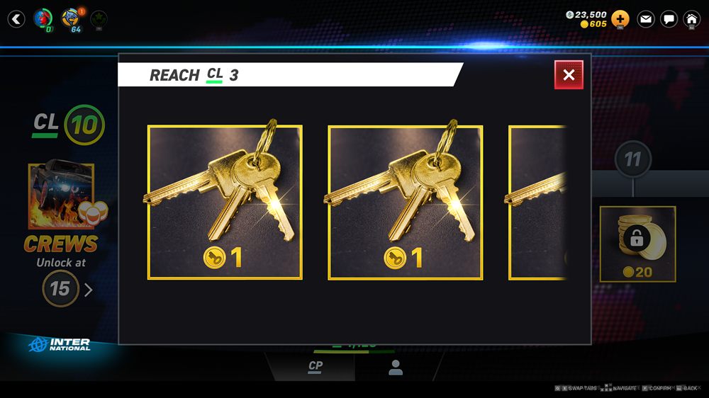 Rewards pop-up in its locked state, titled Reach CL 3: the reward cards are shown in full colour but there is no claim button