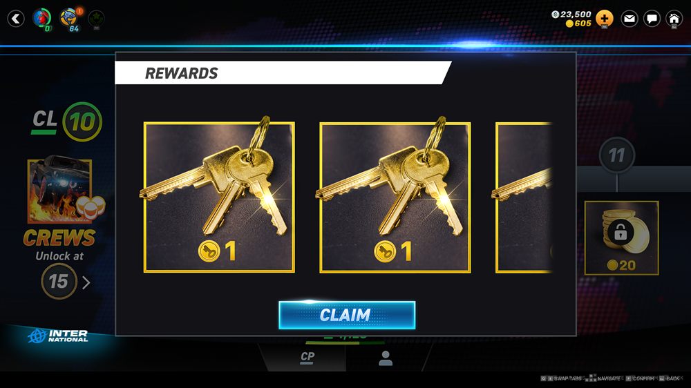 Rewards pop-up in its unlocked state, titled Rewards: the same cards with a bright Claim button beneath them