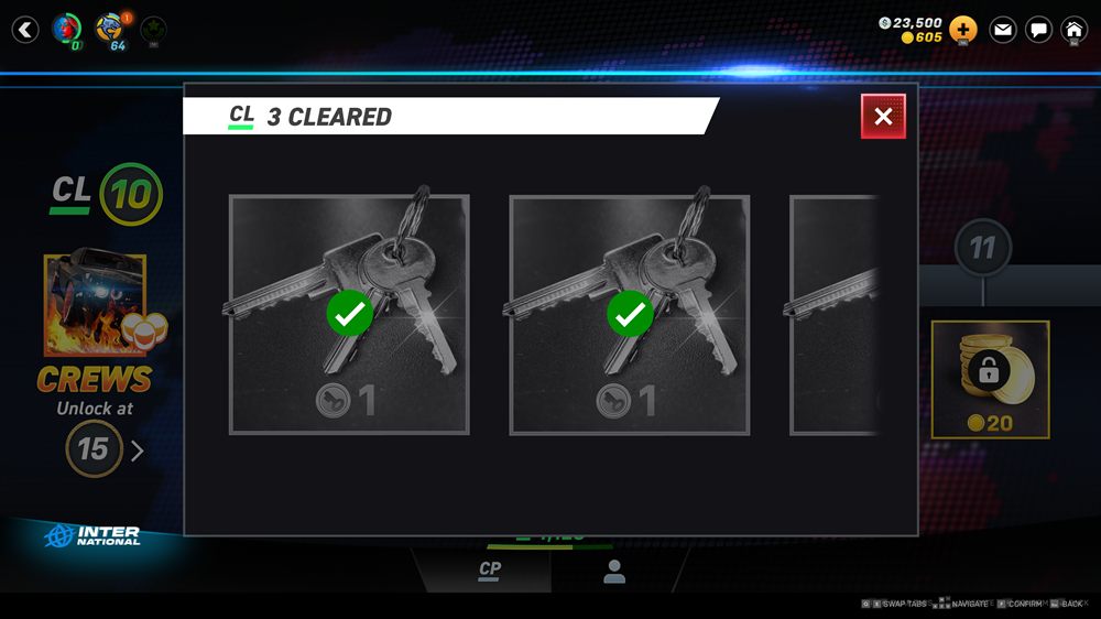 Rewards pop-up in its claimed state, titled CL 3 Cleared: the cards are desaturated and each carries a green tick